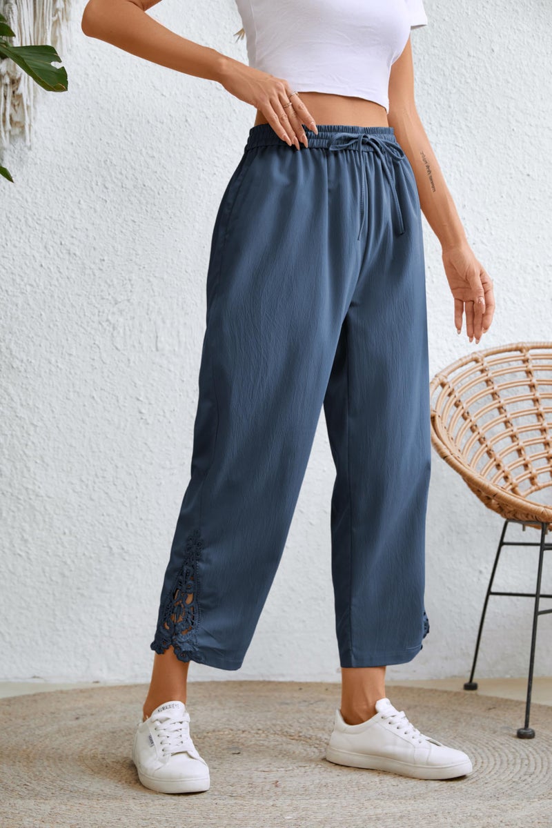 Jokeluck Women Casual Lightweight Drawstring Elastic Waist Cropped Linen Pants Fall Spring Slacks Capri Pants Trendy Fashion 2025 Beach Trousers with Pockets Blue Large - Image 5
