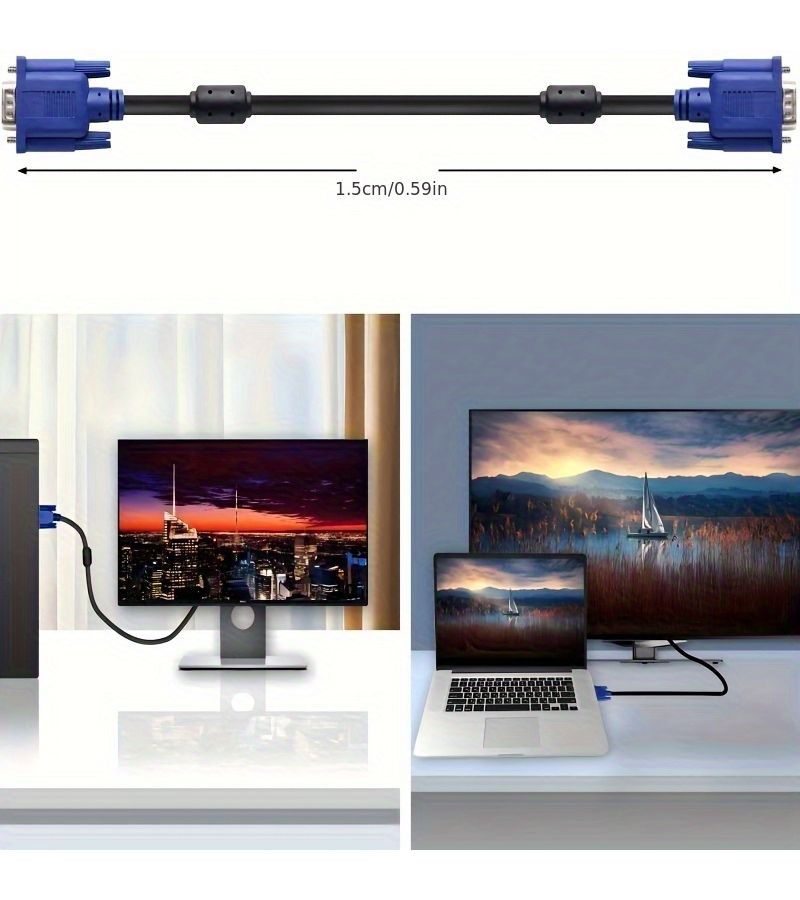 1080P VGA Cable 59.06inch 3+5Pin Durable Flat Design for PC TV Projector Gaming - Image 2
