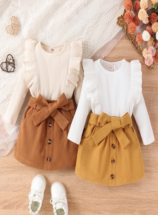 SAYOO Toddler Girl Fall Clothes Baby Turtleneck Solid Knitted Pullover Top A-Line Button Mini Skirt Set Girls 2Pcs Oufits (Round Collar-Beige Brown, 18-24 Months) - Image 2
