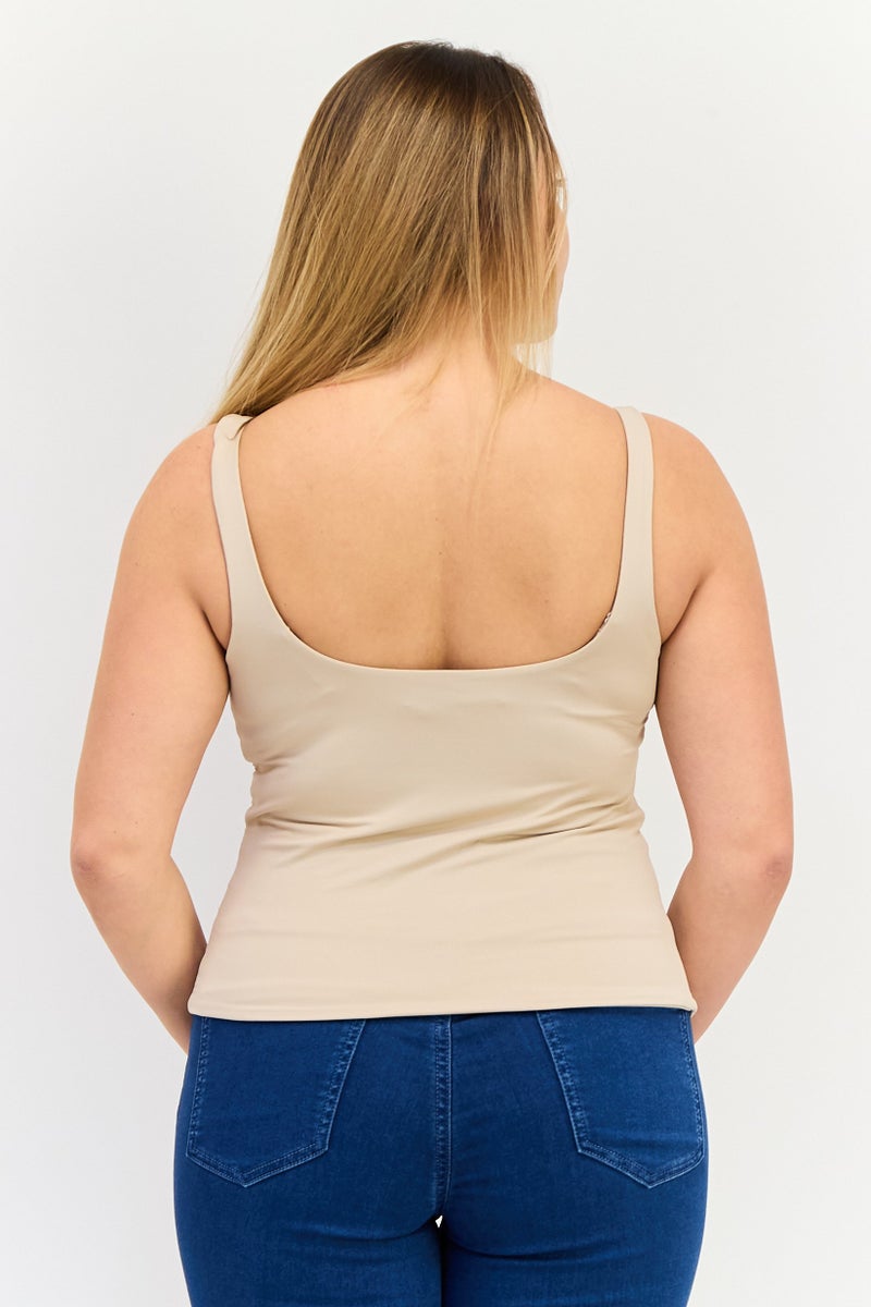 bebe Women Square Neck Sleeveless Solid Tank Top, Beige - Image 3