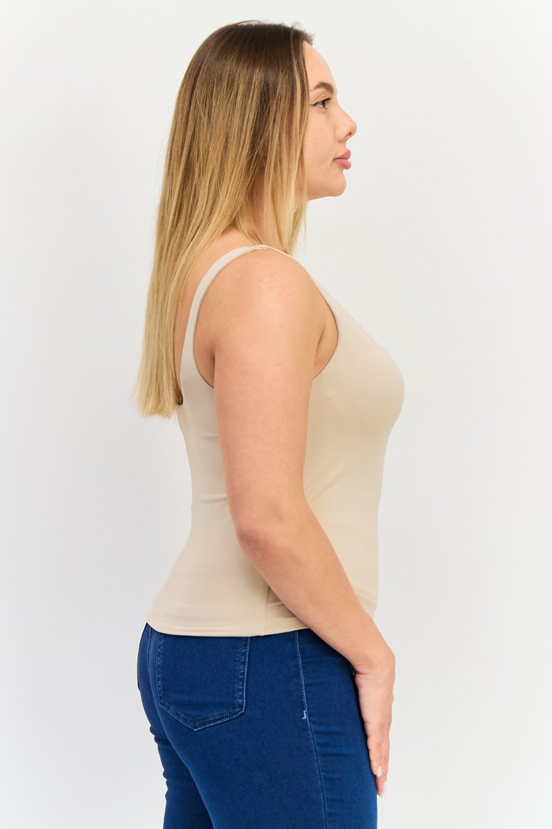 bebe Women Square Neck Sleeveless Solid Tank Top, Beige - Image 2