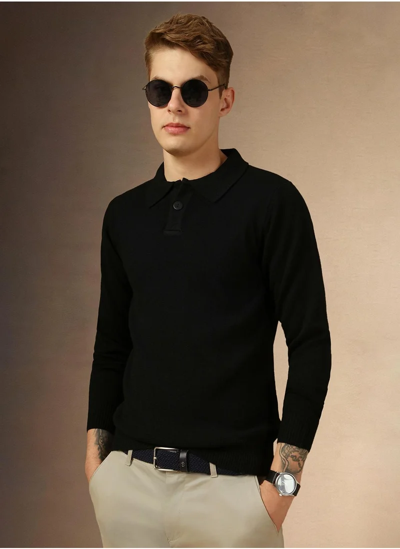 دينيس لينغو Men's Black 100% Acrylic Solid Regular Fit Sweater