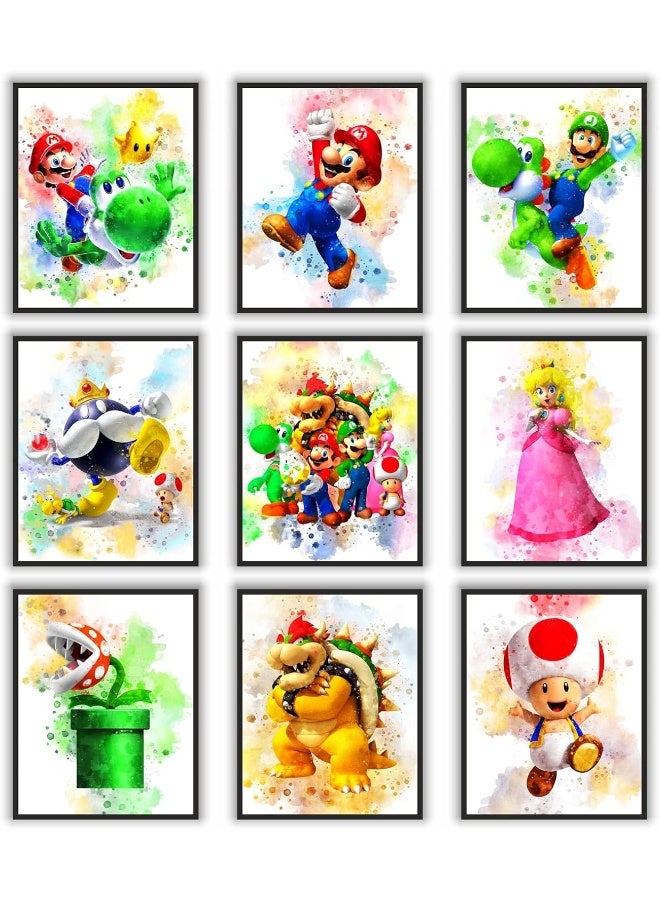 Home Trove Super Mario Game Watercolor Poster Prints, Super Mario Wall Decor For Kids, UNFRAMED Set of 9 (8x10 inches), Mario Room Decor, Mario Poster For Boys Room, Mario Game Poster Prints  - Image 1
