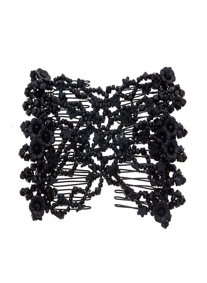 Ruihfas Vintage Beaded Crystal Flower Easy Stretchy Double Clips Hair Comb Hair Accessories (Black) - Image 1
