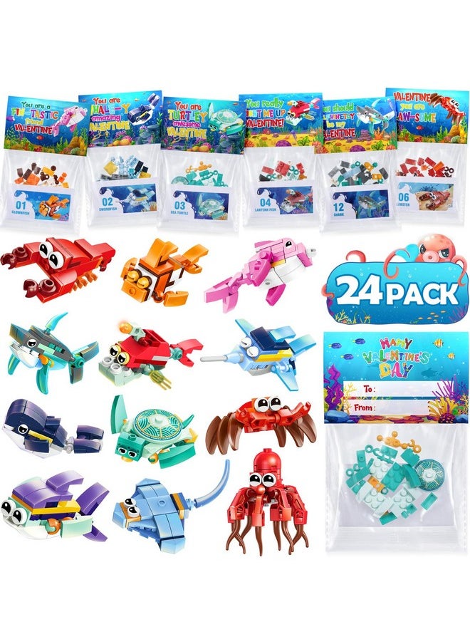 Qinline Qinline 24 Pack Valentine Gifts for Kids 8-12, Marine Animal Building Blocks Kit with Gift Cards for Kids School Classroom, Party Favors Exchange for Boy Girl, Kid Valentine Basket Stuffers Egg Filler  - Image 1
