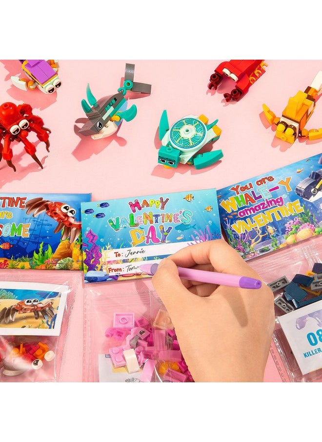 Qinline Qinline 24 Pack Valentine Gifts for Kids 8-12, Marine Animal Building Blocks Kit with Gift Cards for Kids School Classroom, Party Favors Exchange for Boy Girl, Kid Valentine Basket Stuffers Egg Filler  - Image 4