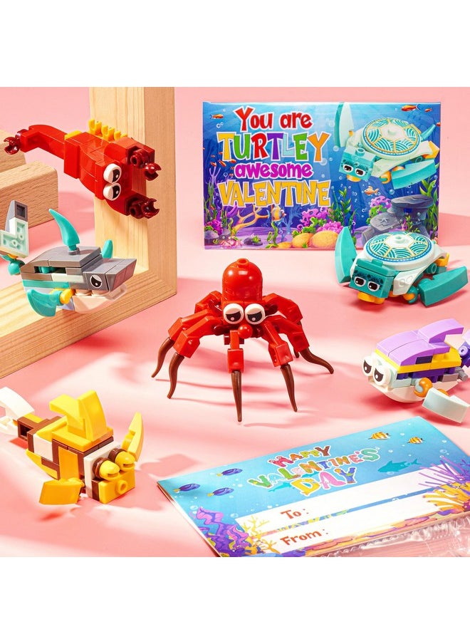 Qinline Qinline 24 Pack Valentine Gifts for Kids 8-12, Marine Animal Building Blocks Kit with Gift Cards for Kids School Classroom, Party Favors Exchange for Boy Girl, Kid Valentine Basket Stuffers Egg Filler  - Image 3