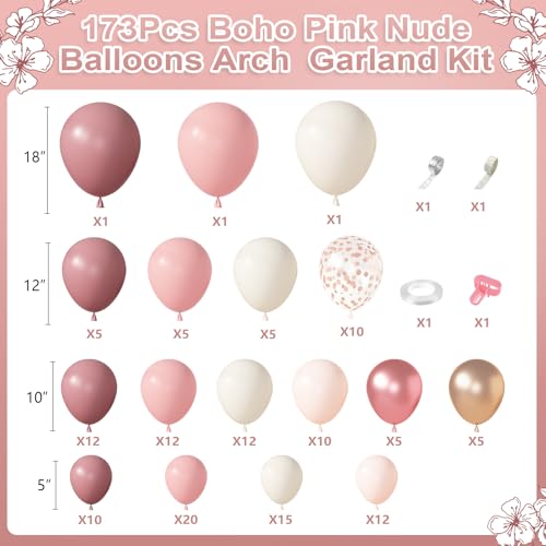 Amandir 173Pcs Dusty Rose Pink Nude Balloon Garland Arch Kit 18In Retro Blush Peach Mauve White Sand Gold Confetti Balloons for Girl Baby Shower Wedding Boho Birthday Party Decorations - Image 5