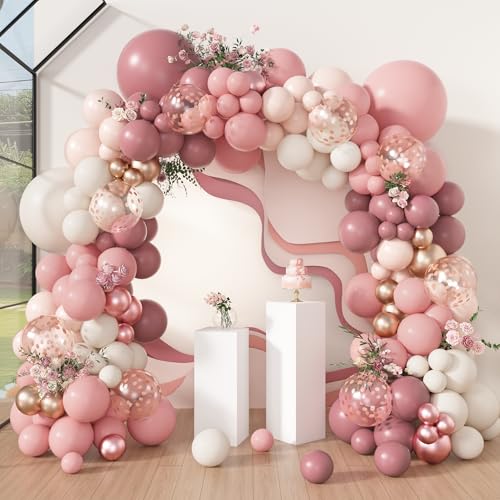 Amandir 173Pcs Dusty Rose Pink Nude Balloon Garland Arch Kit 18In Retro Blush Peach Mauve White Sand Gold Confetti Balloons for Girl Baby Shower Wedding Boho Birthday Party Decorations - Image 1