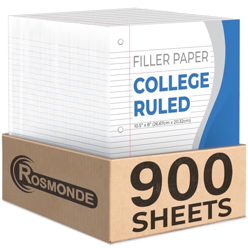 Rosmonde Loose Leaf Paper, 900 Sheets, 6 Pack, College Ruled, 8" x 10.5", 56 gsm Bulk Office Filler Paper, 3 Hole Punched, 150 Sheets/Pack, College Ruled Paper for 3 Ring Binder, Notebook Paper, White - Image 1