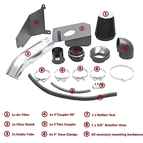 OBUYTO 4 Inch Cold Air Intake Filter Kit & Heat Shield for 2009-2014 Silverado 1500 GMC Sierra 1500 Yukon Cadillac Escalade ESV EXT (Silver & Black) - Image 3