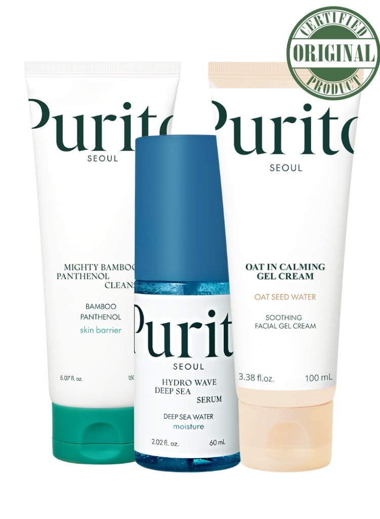 PURITO Sensitive & Irritated Skin Relief – PURITO Bamboo Cleanser + Deep Sea Serum + Oat In Calming Gel Cream Set - Image 1