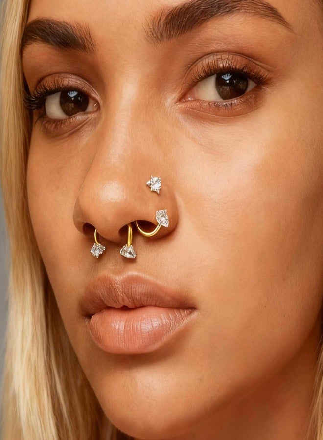 QWALIT حلقة أنف على شكل حدوة حصان من كواليت، عيار 18، مرصعة بحجرين كريمين، حلقة أنف نسائية من الفولاذ الجراحي، شكل حرف U، نصف قرط، أقراط ذهبية، حلقات ثقب الزنمة، مجوهرات ثقب الشفة، حلقات الحاجز الأنفي، عيار 18، 7 مم - Image 4