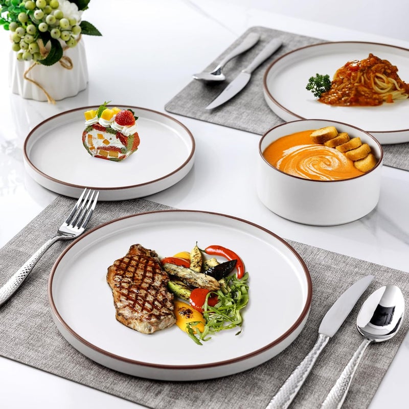 LERATIO طقم أدوات المائدة الخزفية LERATIO لـ 4 أشخاص، أطباق وأوعية خزفية بحواف عالية مقاومة للكسر والتشقق، آمنة للاستخدام في الفرن وغسالة الصحون والميكروويف، طقم خدمة لـ 4 أشخاص باللون الأبيض الفانيلا - Image 3