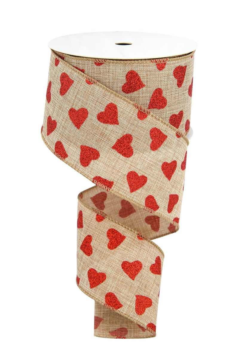 BUVANE 2.5'' x 10 Yard Valentine's Day Wired Edge Ribbon, Burlap Printed Red Heart Ribbons Gift Wrapping Ribbon for DIY Craft Wedding Party Wreath Bows Decoration (Burlap) - Image 1