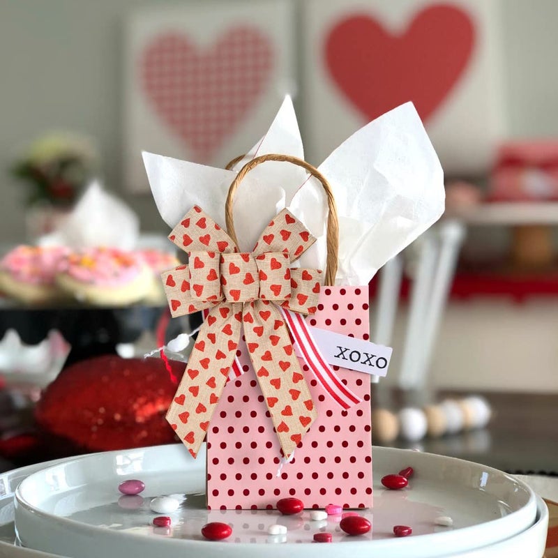 BUVANE 2.5'' x 10 Yard Valentine's Day Wired Edge Ribbon, Burlap Printed Red Heart Ribbons Gift Wrapping Ribbon for DIY Craft Wedding Party Wreath Bows Decoration (Burlap) - Image 5