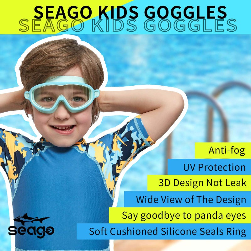 Seago نظارات سباحة سيغو 2 عبوة مضادة للضباب ومضادة للأشعة فوق البنفسجية مع رؤية واسعة للأطفال من 3-14 - Image 3