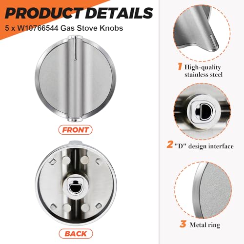 Beaquicy 2025 Upgraded W10766544 Gas Stove Knobs 5 Pack Burner Control Knobs Replacement for Whirlpool Range WFG540H0ES0 and Replaces W10430807 W10676228 4248219 AP5958476 PS10067059 EAP10067059 - Image 2