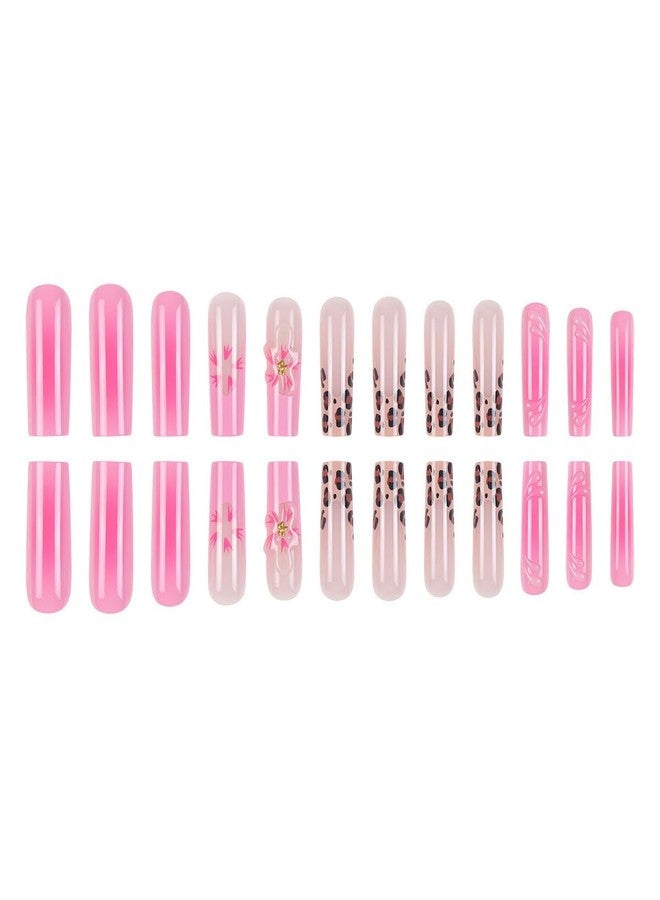 CTTHNBD Long Press on Nails Square Fake Nails French Tip with 3D Flower Water Ripple Leopard Print Design Pink Ombre Glossy Acrylic Full Cover Stick on False Nails for Women 24 Pcs - Image 3