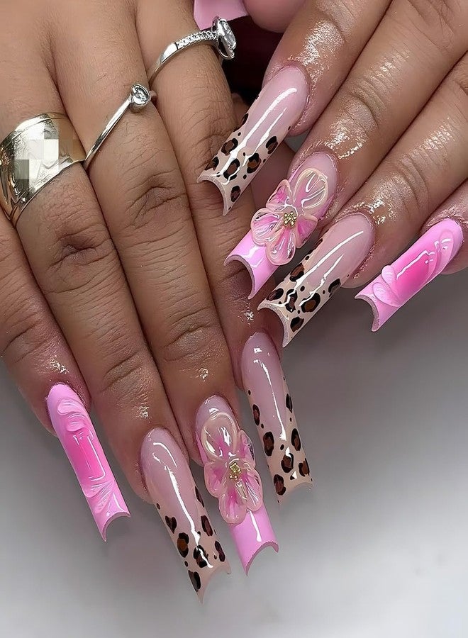 CTTHNBD Long Press on Nails Square Fake Nails French Tip with 3D Flower Water Ripple Leopard Print Design Pink Ombre Glossy Acrylic Full Cover Stick on False Nails for Women 24 Pcs - Image 1