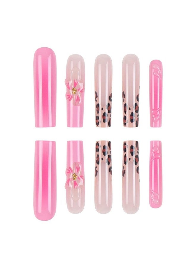 CTTHNBD Long Press on Nails Square Fake Nails French Tip with 3D Flower Water Ripple Leopard Print Design Pink Ombre Glossy Acrylic Full Cover Stick on False Nails for Women 24 Pcs - Image 4