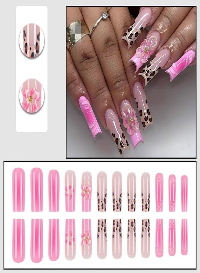 CTTHNBD Long Press on Nails Square Fake Nails French Tip with 3D Flower Water Ripple Leopard Print Design Pink Ombre Glossy Acrylic Full Cover Stick on False Nails for Women 24 Pcs - Image 2