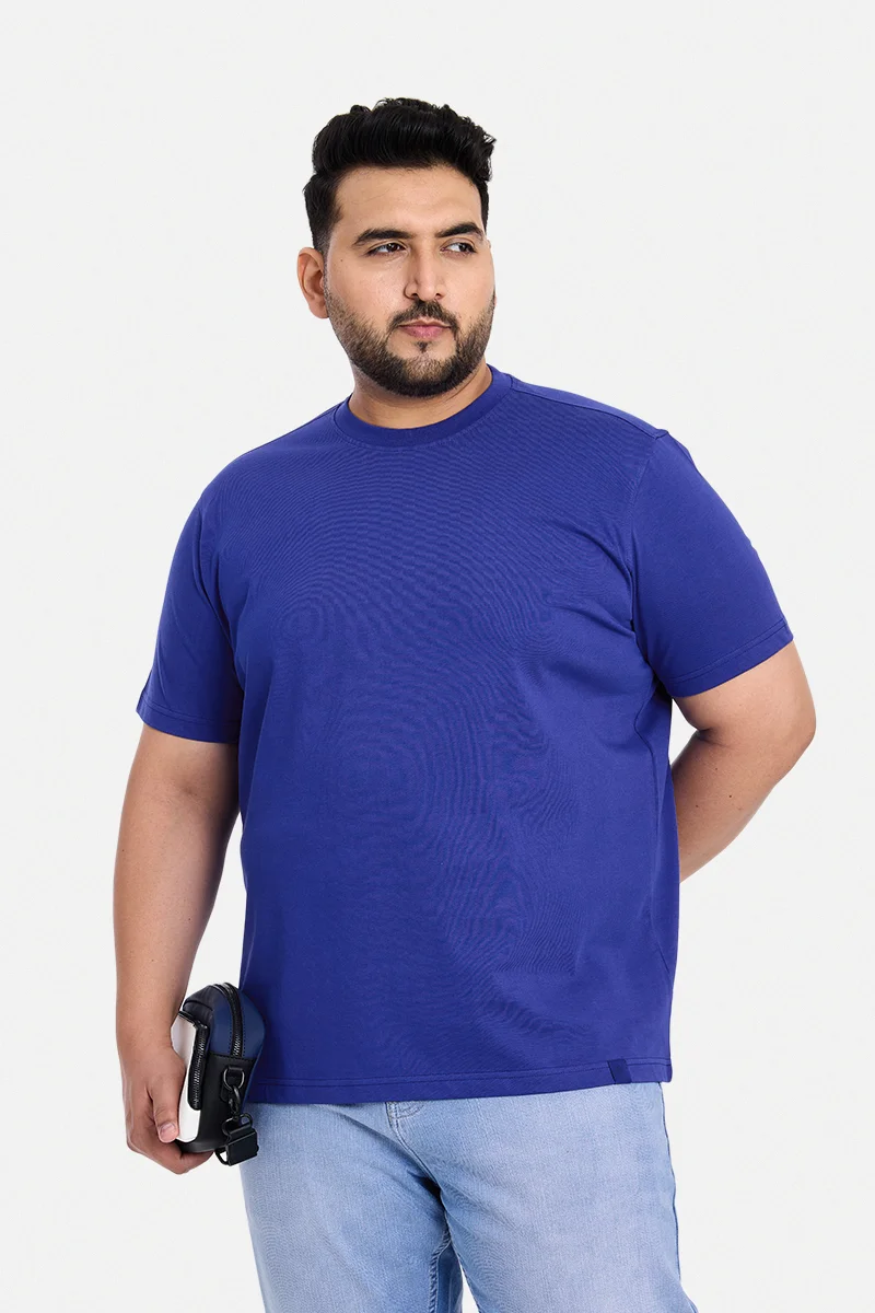 SNITCH Blue Solid Regular Fit Casual Plus Size T-Shirt