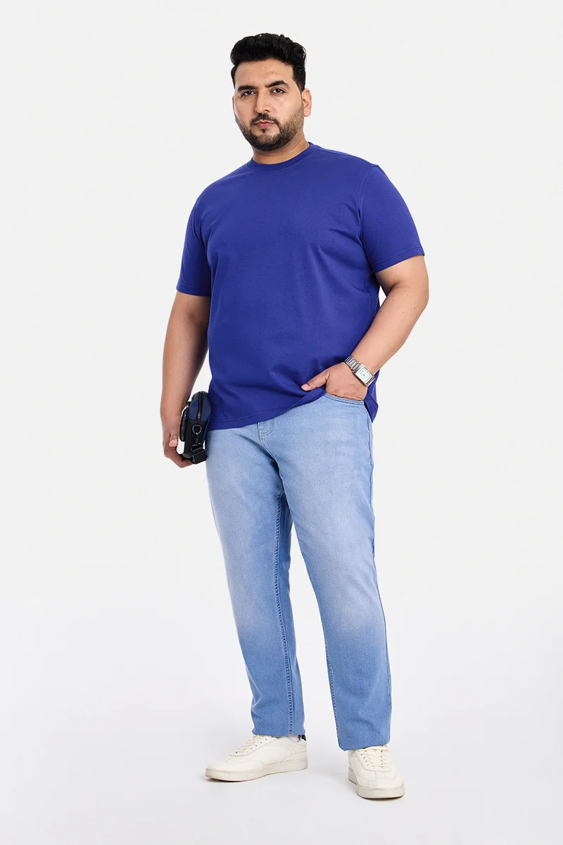 SNITCH Blue Solid Regular Fit Casual Plus Size T-Shirt
