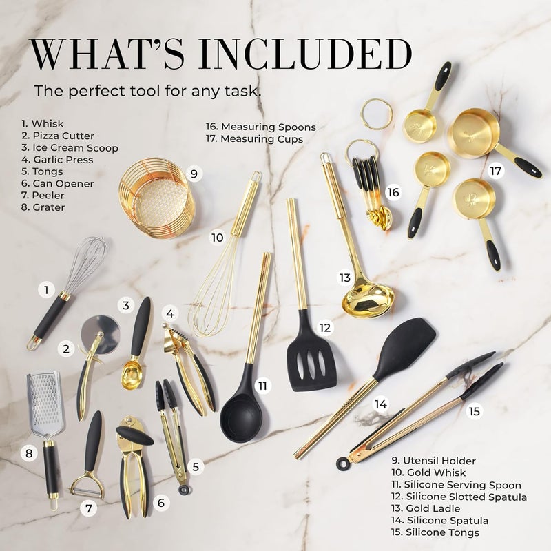 styled settings Black and Gold Kitchen Utensils Set - 23-Piece Luxury Kitchen Accessories Includes Gold Measuring Cups, Spoons, Silicone Cooking Utensils and Tools for Baking, Cooking, and Stylish Kitchen Decor - Image 2