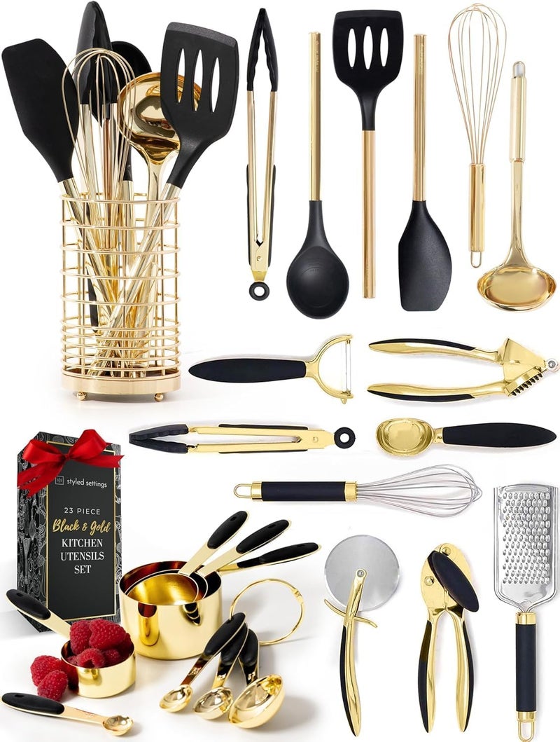 styled settings Black and Gold Kitchen Utensils Set - 23-Piece Luxury Kitchen Accessories Includes Gold Measuring Cups, Spoons, Silicone Cooking Utensils and Tools for Baking, Cooking, and Stylish Kitchen Decor - Image 1