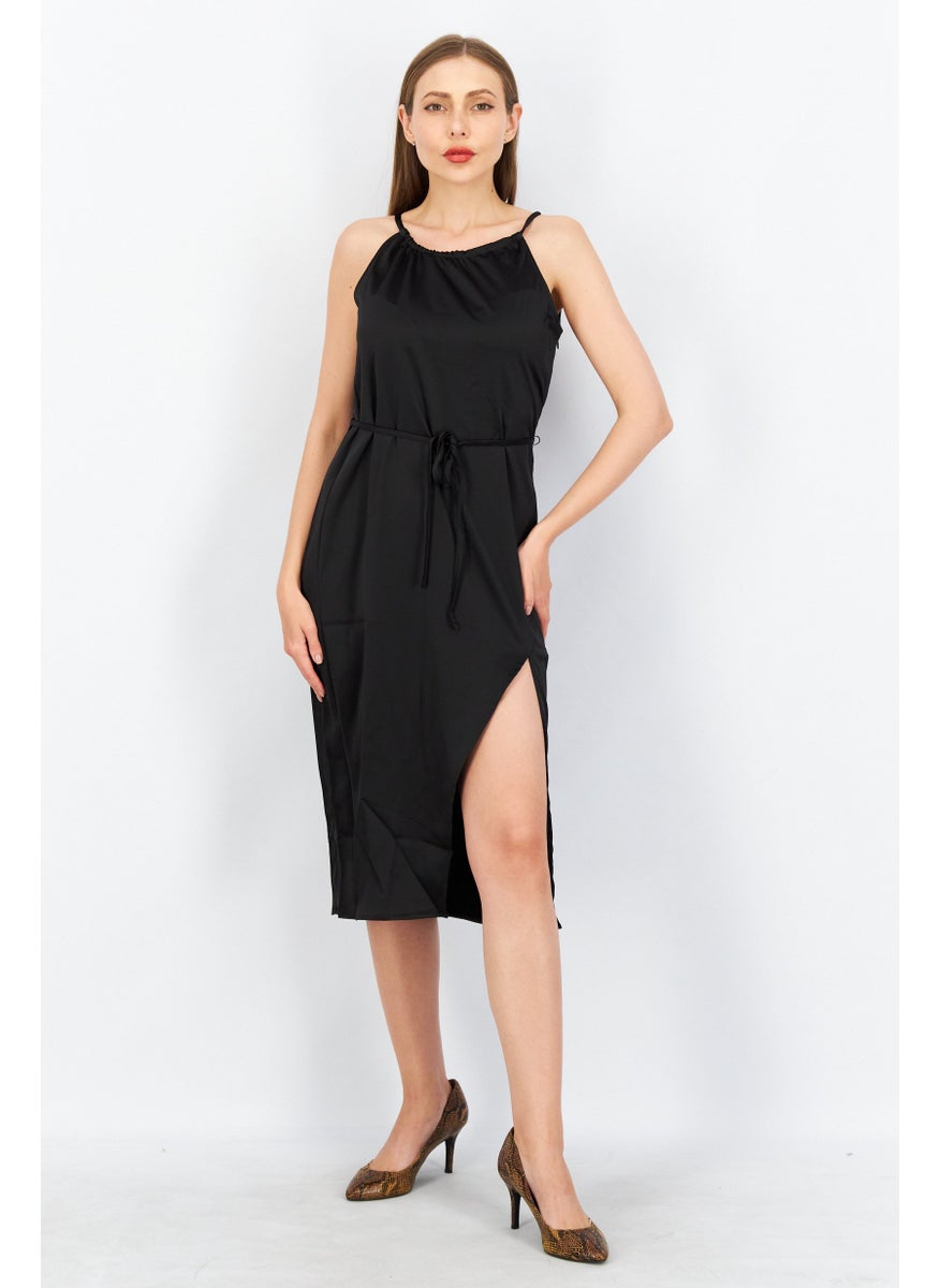 KENDALL + KYLIE - Women Round Neck Sleeves  Solid Midi Dress, Black - Image 1