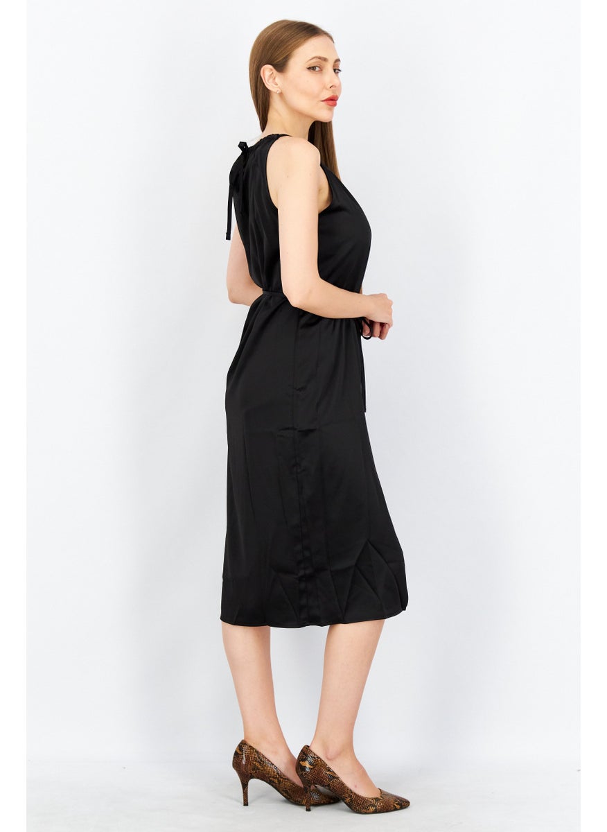 KENDALL + KYLIE - Women Round Neck Sleeves  Solid Midi Dress, Black - Image 1