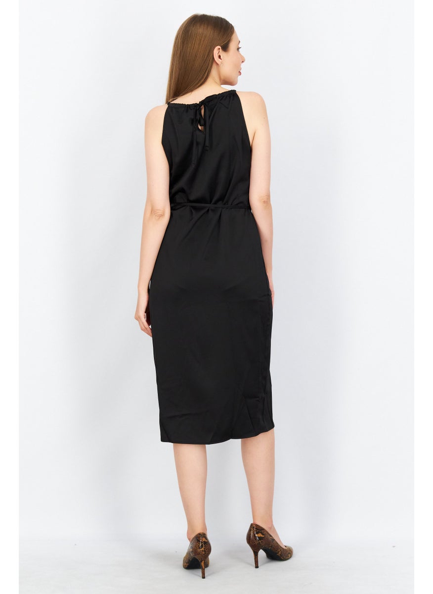 KENDALL + KYLIE - Women Round Neck Sleeves  Solid Midi Dress, Black - Image 1
