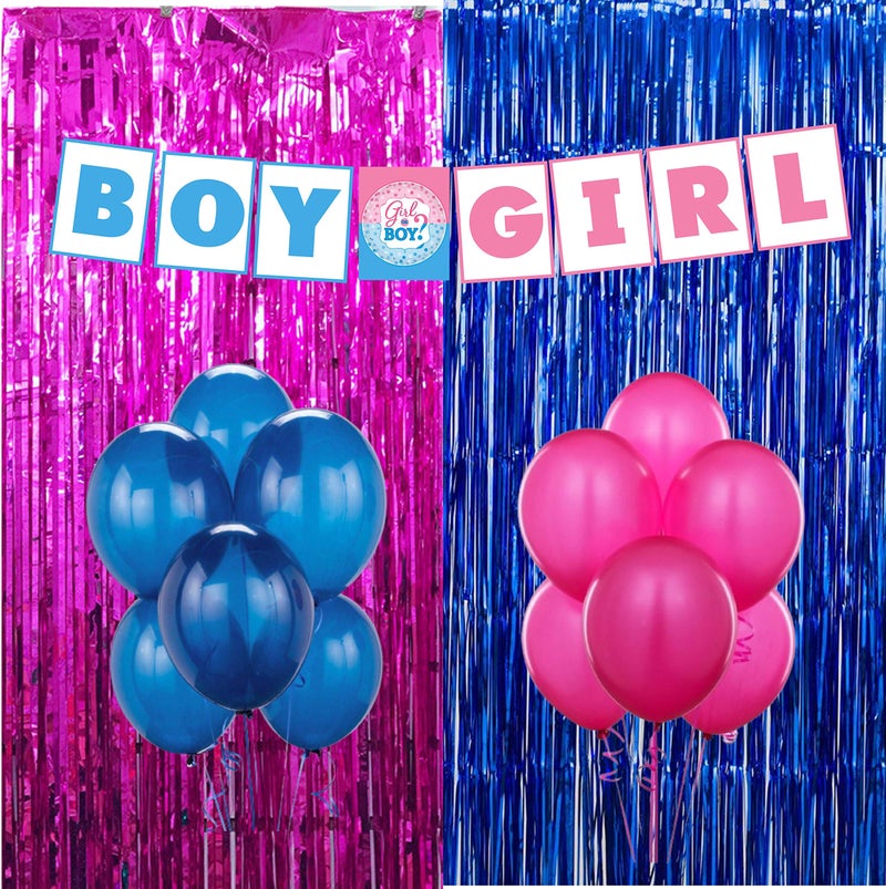 Balloonistics Boy or Girl Baby Shower Banner C7 Combo Includes 2 Blue and Pink foil Curtains, 1 Boy or Girl Banner, 25 Nos Pink and Blue Metallic Balloon and Glue Dots for Decoration - Image 1