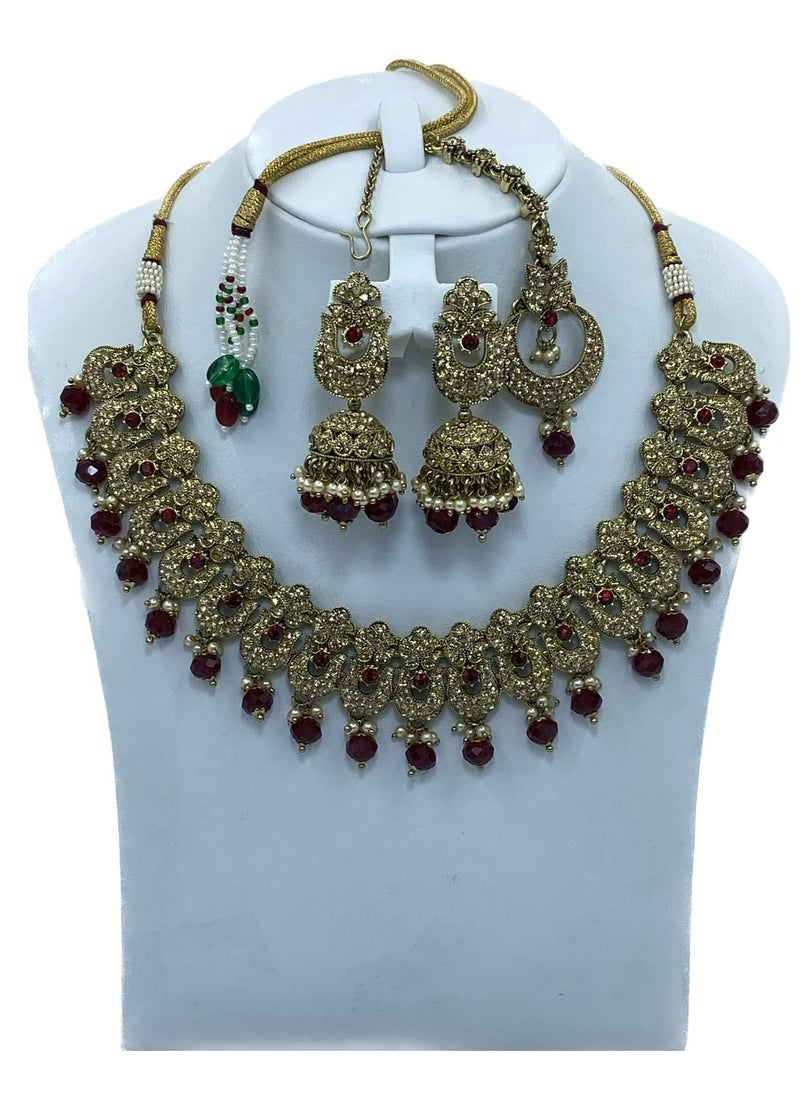 GOHONA GOHONA Royal Bling Bollywood Traditional Indian Jewelry Necklace With Earrings Set and 1 Tikka maroon colour  - Image 1