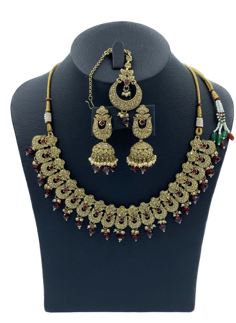 GOHONA GOHONA Royal Bling Bollywood Traditional Indian Jewelry Necklace With Earrings Set and 1 Tikka maroon colour  - Image 2