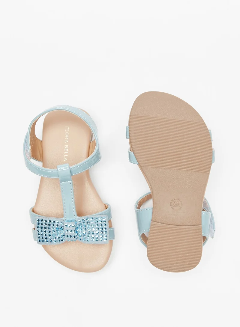 Flora Bella By Shoexpress Girls Studded Bow Applique Strap Sandals with Hook and Loop Closure