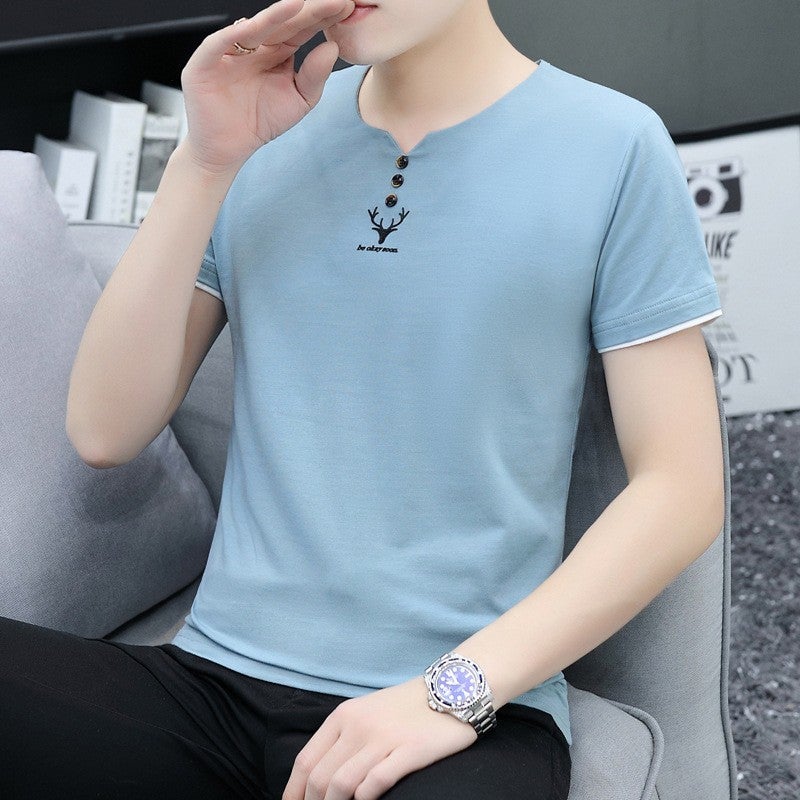 Men's T-shirt Summer Cotton plus size Heavy Short-sleeved Korean Fashion Teenager Student Trendy V-neck Casual Boys' Body - Image 2