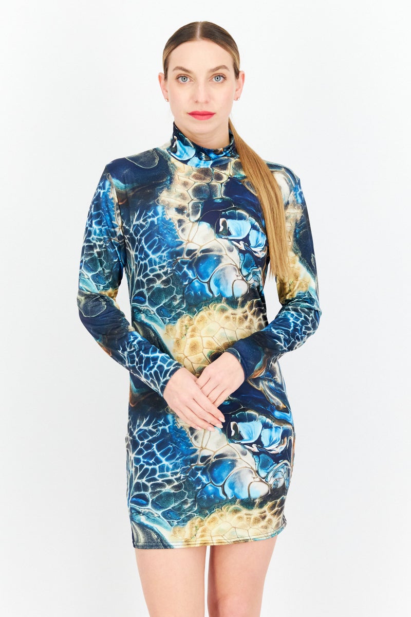 I SAW IT FIRST فستان ضيق بأكمام عالية للنساء، طباعة شاملة، مجموعة بحرية - Image 1