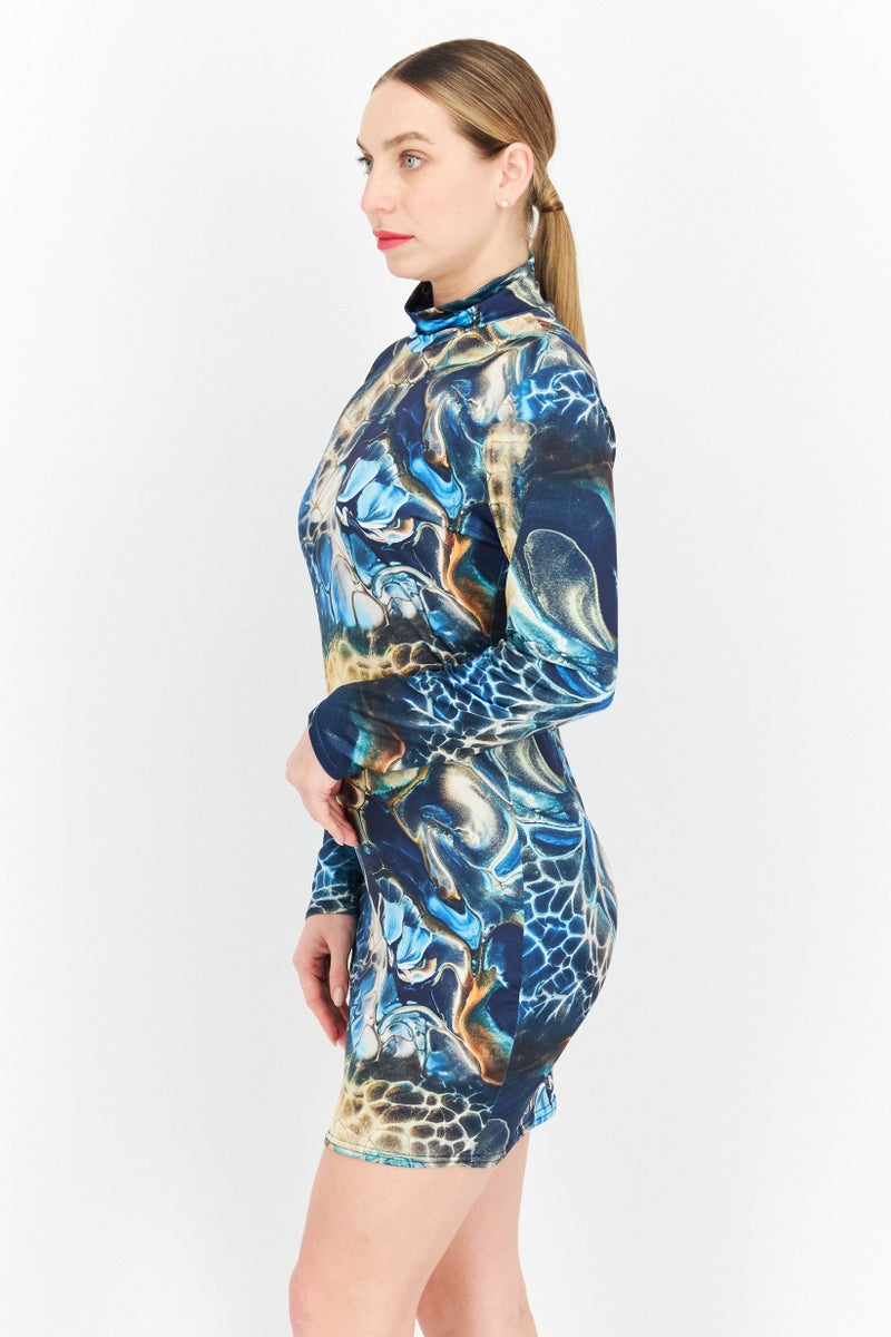 I SAW IT FIRST فستان ضيق بأكمام عالية للنساء، طباعة شاملة، مجموعة بحرية - Image 3