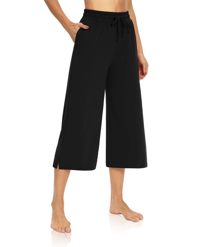 DIBAOLONG Womens Capri Pants Loose Yoga Pants Wide Leg Drawstring Comfy Lounge Pajama Capris Sweatpants with Pockets Black M - Image 1