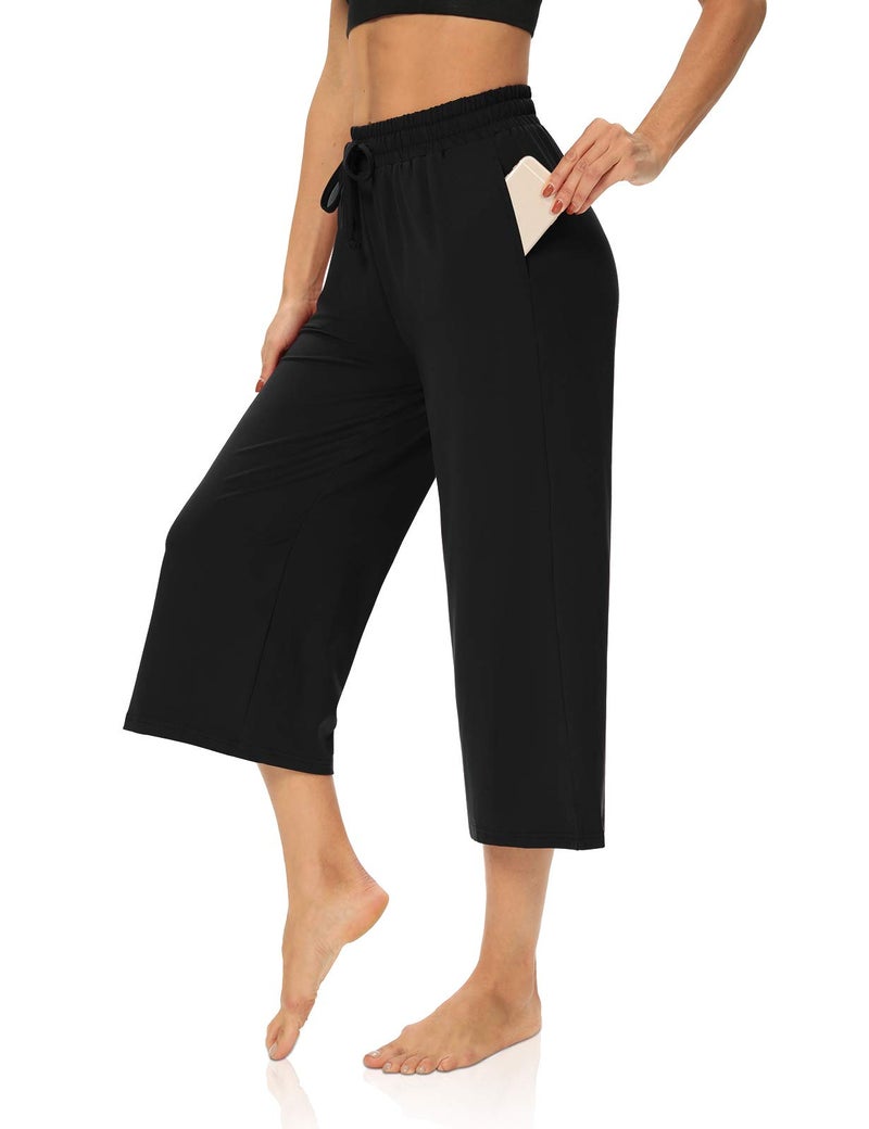 DIBAOLONG Womens Capri Pants Loose Yoga Pants Wide Leg Drawstring Comfy Lounge Pajama Capris Sweatpants with Pockets Black M - Image 2