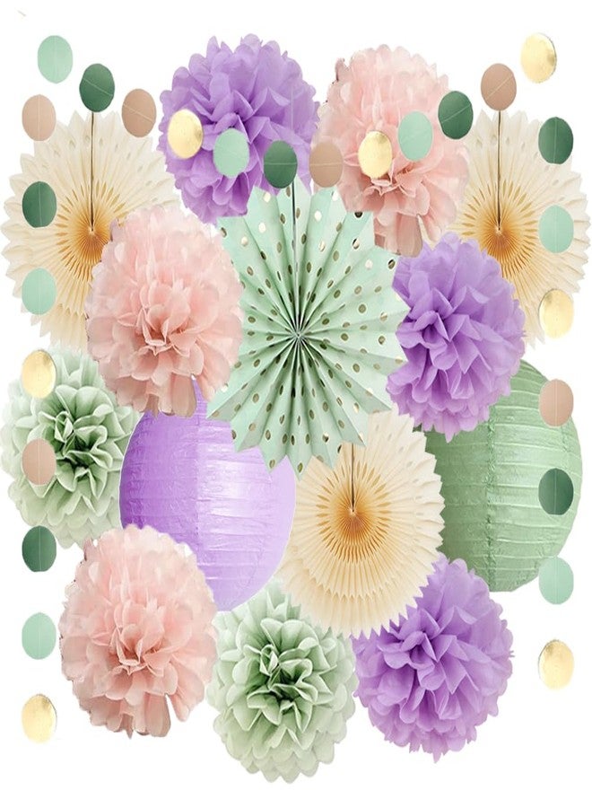 FETETIJD Sage Green and Purple Party Decorations Baby Shower Girl Decorations Sage Green Purple Pink Birthday Party Light Purple Blush Pink Tissue Paper Pom Poms Beige Fans Kit for Wedding Engagement - Image 1