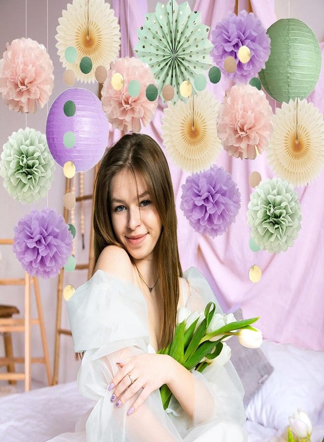 FETETIJD Sage Green and Purple Party Decorations Baby Shower Girl Decorations Sage Green Purple Pink Birthday Party Light Purple Blush Pink Tissue Paper Pom Poms Beige Fans Kit for Wedding Engagement - Image 5