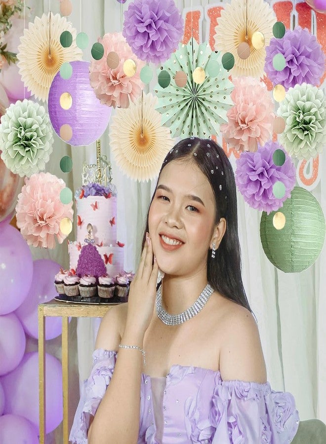 FETETIJD Sage Green and Purple Party Decorations Baby Shower Girl Decorations Sage Green Purple Pink Birthday Party Light Purple Blush Pink Tissue Paper Pom Poms Beige Fans Kit for Wedding Engagement - Image 3