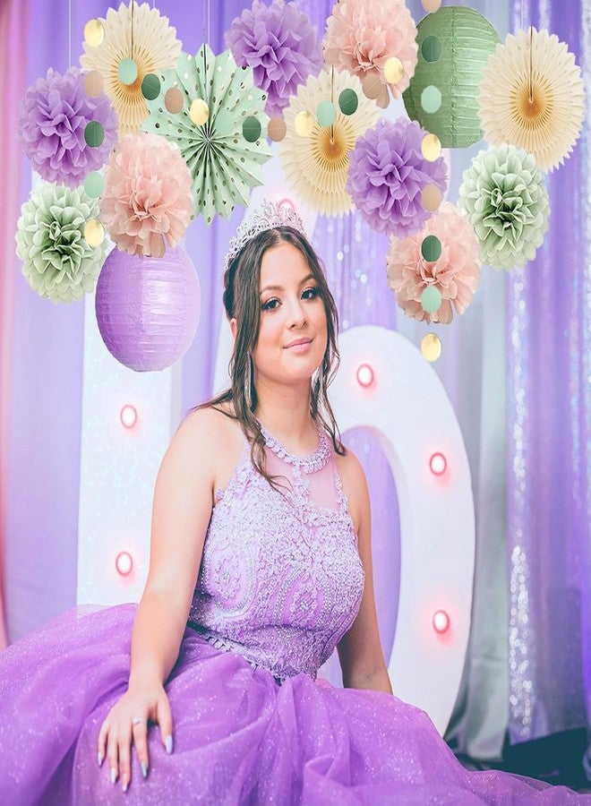 FETETIJD Sage Green and Purple Party Decorations Baby Shower Girl Decorations Sage Green Purple Pink Birthday Party Light Purple Blush Pink Tissue Paper Pom Poms Beige Fans Kit for Wedding Engagement - Image 2