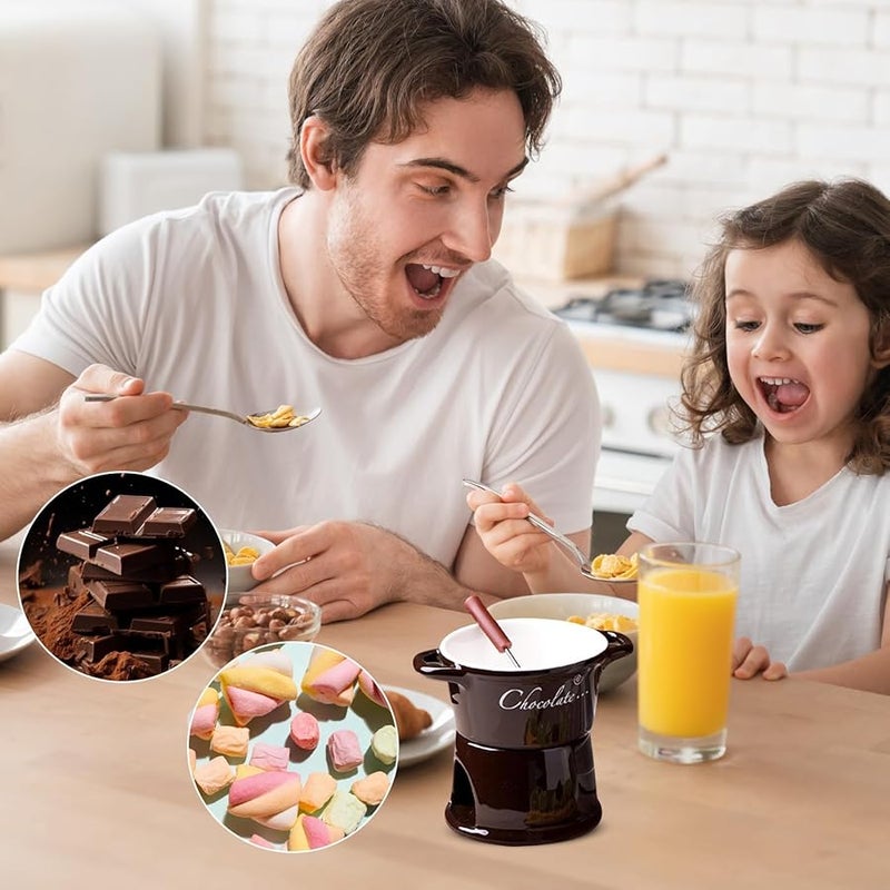 Tan Ceramic Fondue Cup Set Melting Butter Warmer Cheese Chocolate Mug with Fork - Image 4