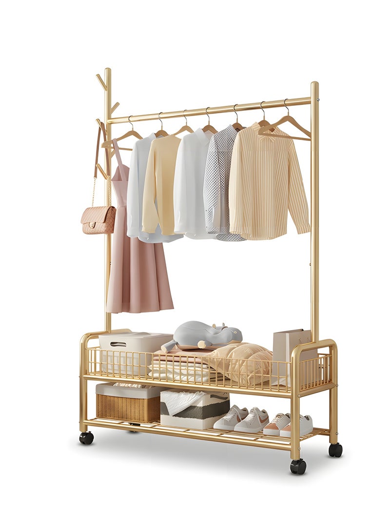 Beauenty 3 in 1 Heavy Duty Metal Rolling Clothes Rack, Gold Minimalist Design, Perfect for Coats, Shirts, Dresses, Bags, Storage & Organization - Image 1