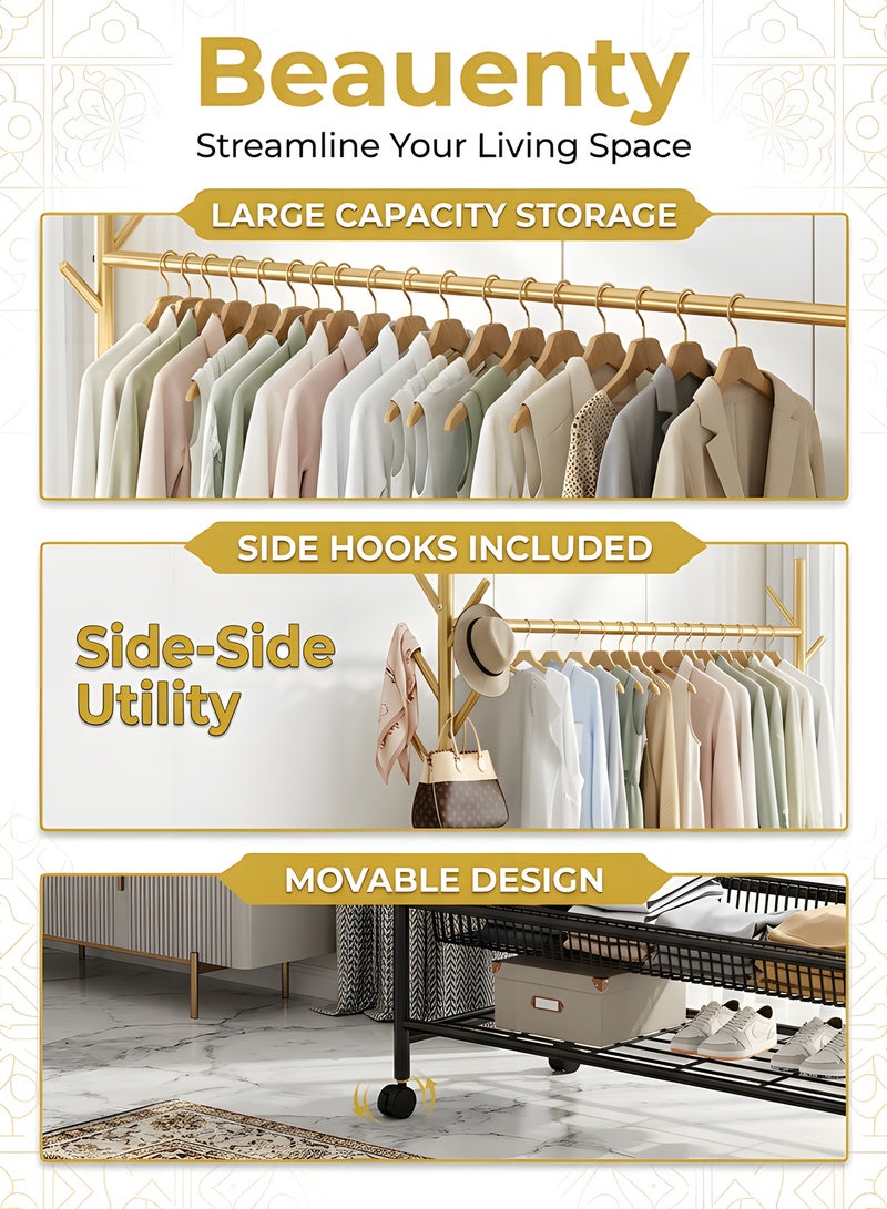 Beauenty 3 in 1 Heavy Duty Metal Rolling Clothes Rack, Gold Minimalist Design, Perfect for Coats, Shirts, Dresses, Bags, Storage & Organization - Image 2