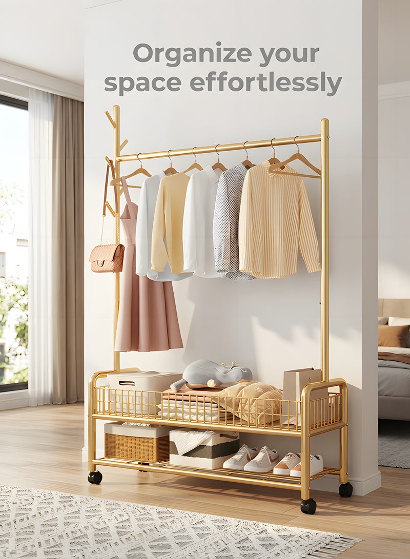 Beauenty 3 in 1 Heavy Duty Metal Rolling Clothes Rack, Gold Minimalist Design, Perfect for Coats, Shirts, Dresses, Bags, Storage & Organization - Image 3